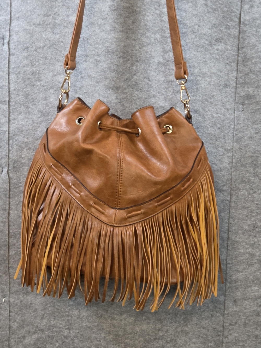 Tan Leather Fringe Drawstring Crossbody Bag - Picture 2 of 8